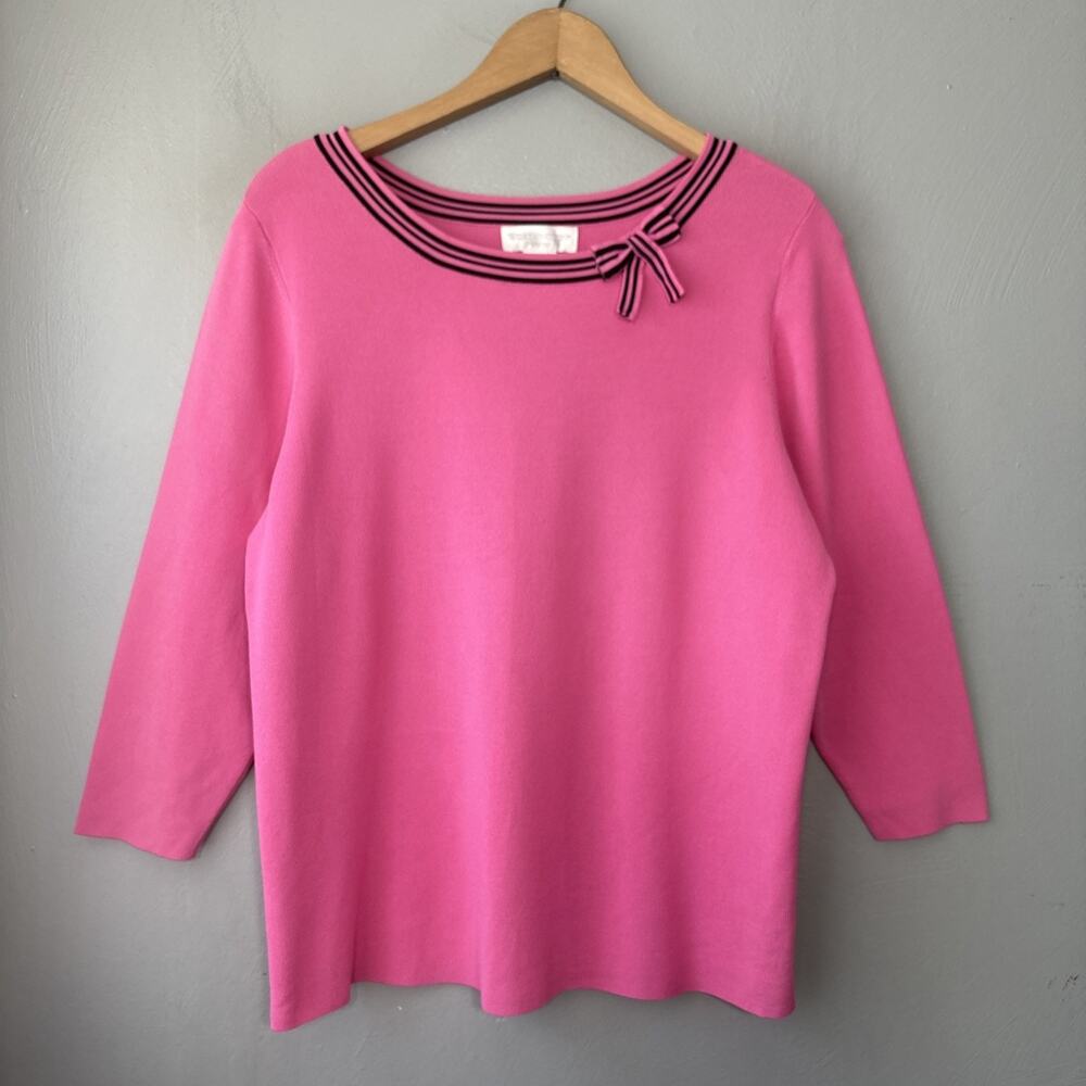 Worthington Sweater Plus Size 1X Pink Black 3/4 Sleeve Pin Up Bow Stripes Twee